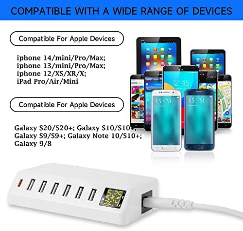 High-Power 7-Port USB Charging Hub with LED Display – 60 W/12 A Multi-Device Power Station for i Phone 14/13/12, Galaxy Tablets, Pixel, Headphones & More (Sleek Black) – Efficient PD20 W Rapid Charging Solution for Home & Office Use