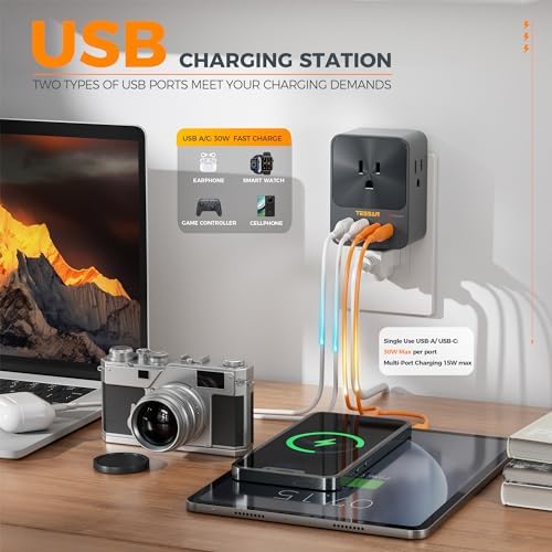 TESSAN 20 W USB C Charger Block with 3 Outlet Surge Protector – Fast Charging Multi-Port Wall Adapter for Home, Office, and Dorm Use – Compact Design with Enhanced Compatibility for All Devices