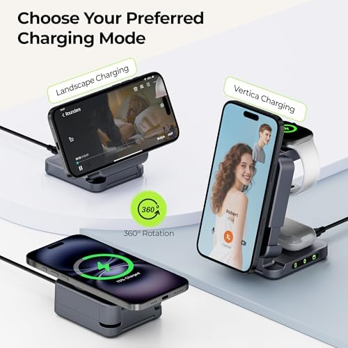 Premium 3-in-1 Foldable Wireless Charging Station – 2025 Model with 15 W Fast Charge for i Phone 16, Samsung S25, and All Apple Watch Series – Portable Magnetic Charger Stand with Enhanced Safety and Stability – Sleek Grey Design for Nightstand and Travel Use