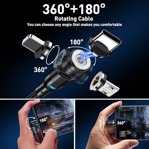 Versatile 5-Pack Magnetic Charging Cables with 540° Rotating Connectors and LED Indicator – Durable Micro USB, USB C, and i-Product Compatibility for Fast Charging and Efficient Data Transfer