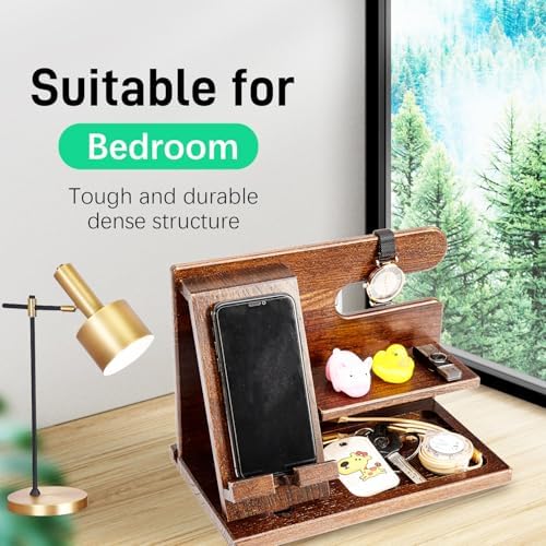 Wood Phone Docking Station for Men – Nightstand Organizer with Key Holder, Wallet Stand, and Watch Organizer – Gift for Husband, Dad, or Graduation – Enhanced Compatibility and Speed