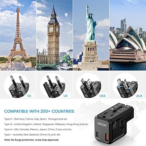 LENCENT Global Travel Power Adapter – Compact High-Speed PD 20 W & QC 3.0 Universal Charger for Seamless International Use – Lightweight Outlet Converter for US, UK, EU, Japan & More – Essential Fast Charging Solution for World Travelers