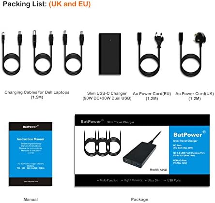 Slim 120 W Bat Power A90 D Replacement Charger for Dell Laptops – Fast USB QC Charger for Inspiron, Latitude, XPS, Mini, Precision, Studio, Vostro – Portable Power Supply with Enhanced Compatibility and Safety Features