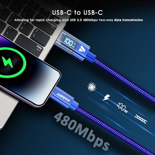 SUPERV 6.6 ft Type C Fast Charging Cable – Premium Nylon Braided USB C Charger with 100 W Power Delivery, High-Speed 480 Mbps Data Transfer, and LED Charging Status Indicator – Ideal for Laptops, Smartphones, and Tablets