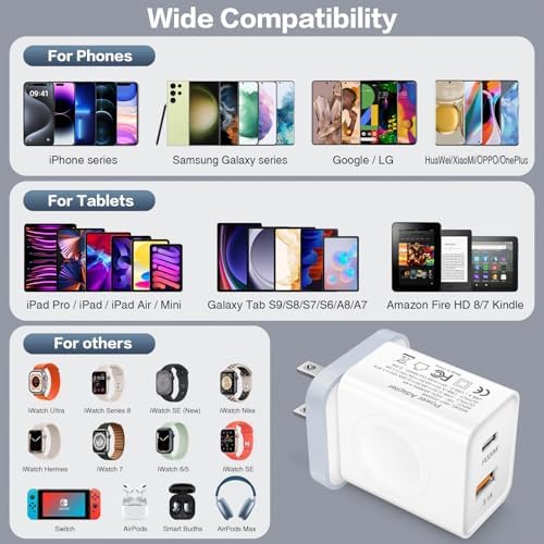 i Seeker Kit: 20 W Fast Charging Block for Apple Watch & Devices – Portable Dual Port USB C Wall Adapter for i Phone, Samsung, Android Tablets – Ultimate Charging Solution for Travel & Efficiency