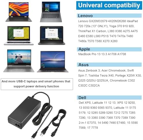 90 W USB-C Type-C Laptop Charger for Lenovo Think Pad & More – High-Speed Power Adapter for Enhanced Device Compatibility, Ideal for Yoga, Idea Pad, X1 Carbon, and Dell XPS Series – Reliable Performance with 12-Month Warranty and 30-Day Return Policy