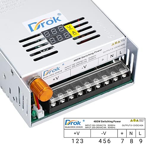 DROK 24 V Adjustable Power Supply – High-Efficiency AC to DC Converter for Reliable Power Delivery, 20 A 480 W Regulated Adapter Perfect for Computer Labs and Versatile Electronic Applications, Adjustable 5 V to 24 V Voltage Transformer for Enhanced Performance and Compatibility