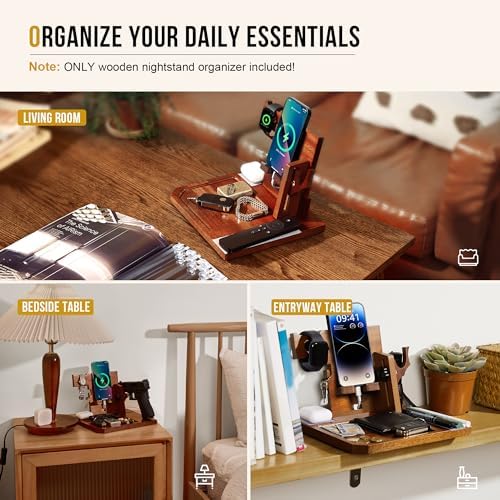 ONETIGRIS Nightstand Organizer, Gifts for Men Women Dad Husband Son Boyfriend Wife, Wood Phone Docking Station Gifts for Father’s Day, Birthday Mother’s Day and Valentine’s Day – Enhanced Compatibility and Speed