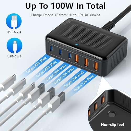 High-Power 100 W Ga N USB C Charger Block – 6-Port Fast Charging Station Hub for i Phone, i Pad, Samsung, and Android Devices – Essential Travel Power Adapter for Multiple Devices – Compact, Efficient, and Safe Charging Solution