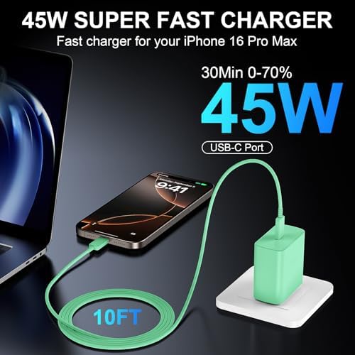 Accelerate Your Power Needs with Our 45 W Ultra-Fast USB-C Charger for Phone 16 Series – Includes a 10 ft Type C Cable in Eye-Catching Purple – Perfectly Crafted for Swift Power Delivery to Phone 16 Pro, Max, Plus & Earlier Models – Unleash Maximum Charging Efficiency and Aesthetic Appeal for Tech Enthusiasts on the Move
