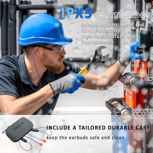 Cuzabe OSHA-Compliant Bluetooth Earplug Headphones – Wireless Neckband Earbuds with 29 d B Noise Isolation, 30-Hour Battery Life, and Custom Fit for Industrial Work Environments
