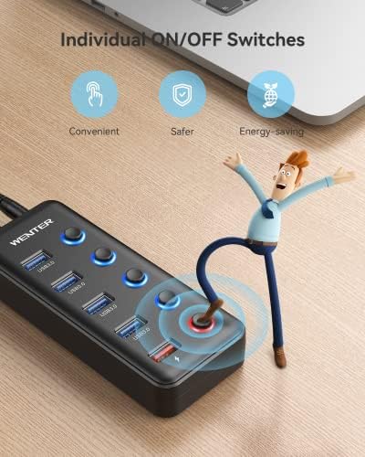 Revolutionize Your Workspace with Wenter 5-Port USB 3.0 Hub – High-Speed Data Transfer & Smart Charging Technology for PC and MAC, Featuring Individual LED Switches and 15 W Power Supply for Ultimate Control and Efficiency