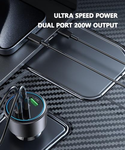 High-Power 200 W USB C Car Charger – Multi-Port PD3.0 QC4.0 Adapter with Dual 100 W Cables for Fast Charging on the Go – Universal Compatibility for Dell XPS, Mac Book, i Phone 16/15/14, Galaxy S24 Ultra & i Pad Pro – Efficient Travel Companion for Modern Devices