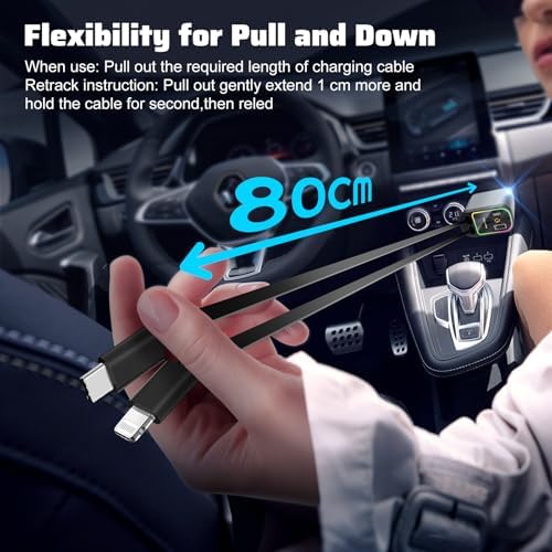 Illuminate Your Drive with the Starlight Retractable Car Charger – 4-in-1 USB-C Fast Charging Adapter with Dual Ports for i Phone, i Pad, and Air Pods, Enhanced Compatibility, Tangle-Free Design, and Mesmerizing Car Roof Ambiance for Effortless Road Trips