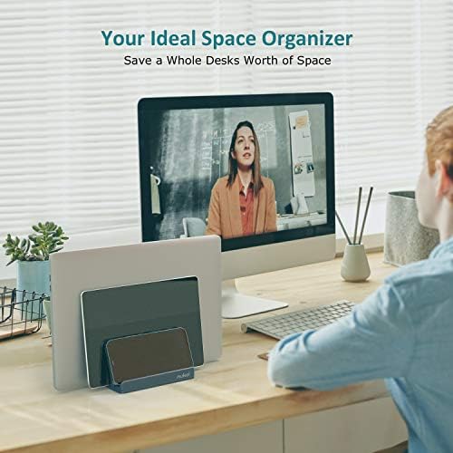 Transform Your Workspace with SPACEMax Premium Vertical Laptop Stand – Adjustable Aluminum Holder for Laptops Up to 17.3” Featuring Advanced Anti-Tip GRIPLock Technology – Versatile 4-Slot Design for Tablets and Phones – Elegant Silver Finish for a Modern Desk Aesthetic – Enhance Your Workflow Efficiency and Posture with Lightweight, Durable Construction