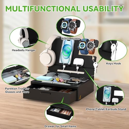 Pezin & Hulin Wooden Nightstand Organizer, Ideal Gifts for Men, Desktop Bamboo Phone Docking Station Box, with Large Drawer, Multi-Device Charging Stand, for Birthday Son Boyfriend Him -Natural – Enhanced Compatibility and Speed