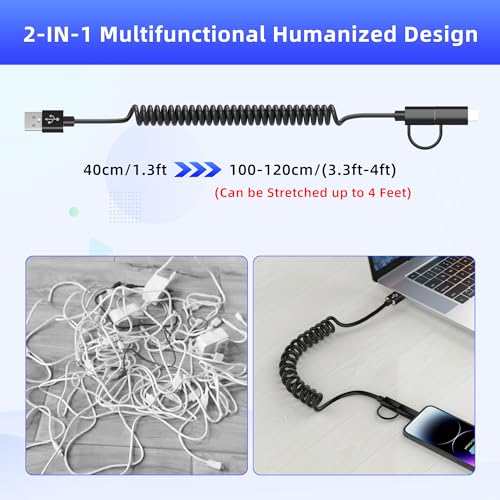 Versatile Coiled USB to USB-C & Lightning Cable Combo for i Phone and Android – MFi Certified Fast Charge & Data Sync up to 3 A – Tangle-Free Design for Apple Car Play & Android Auto Compatibility – Durable, High-Quality Charging Solution for Seamless Connectivity on the Go