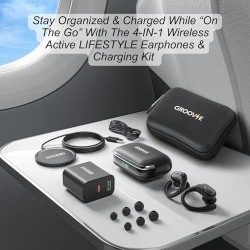 Revolutionize Your Listening Journey with Groove Electronics 4-in-1 Wireless Earbuds – Exceptional 80 Hours of Playtime, State-of-the-Art Bluetooth 5.3 Connectivity, Advanced Active Noise Cancelling for Pure Immersion, IPX7 Waterproof Rating for Ultimate Durability, and Innovative LED Display | Bonus Phone Charging Pad Included for Seamless Power Management