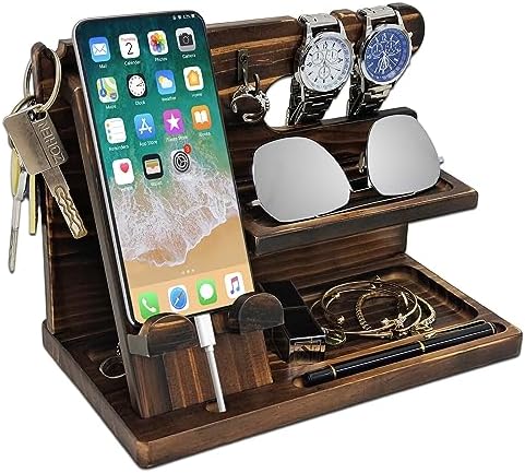Nightstand Organizer with Phone Docking Station and Desk Organizer – Brown Wooden Gift for Men and Dad – Enhanced Compatibility and Speed