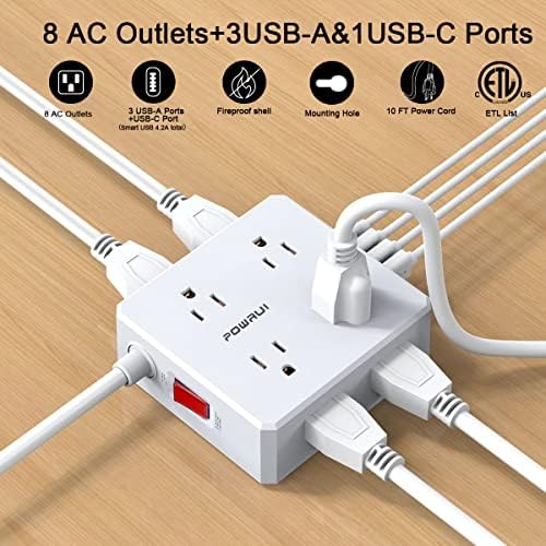 Maximize Your Power Management with a 6 Ft Surge Protector Power Strip – 8 Outlet Extension Cord Featuring 4 Fast USB Charging Ports (1 USB-C), Ideal for Home Office Convenience and Safety, ETL Listed for Enhanced Surge Protection and Compatibility