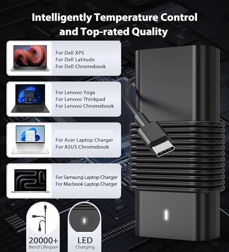 Efficient 65 W USB-C Laptop Charger for Dell: Compatible with Latitude 5420, 5430, 5520, XPS 13, Chromebook 3100 – Fast Charging with Advanced Safety Technology and Overheat Protection