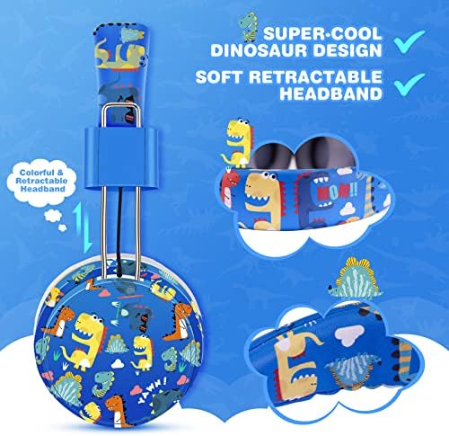 Dinosaur Adventure Bluetooth Headphones for Kids – Fun Over-Ear Design with Adjustable Headband, Built-In Microphone & Wired 3.5 mm Jack – Perfect Wireless Audio Experience for Boys, Teens, and Young Explorers – Superior Sound Quality in Vibrant Blue for Maximum Enjoyment