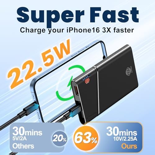 Ultra-Slim 10000 m Ah Power Bank with 22.5 W PD Fast Charging – Built-in USB-C Cable for i Phone 16/15/14, Samsung S24 & More – Lightweight Travel Essential with 15-Layer Safety Protection & Multiple Device Charging Capability