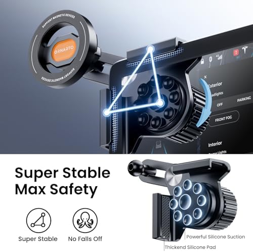 ORNARTO Magnetic Phone Mount for Tesla Model 3/Y/Cybertruck – 360° Rotatable Car Holder with Overload Protection and Anti-Slip Suction – Secure, Stylish Dashboard Accessory for Effortless Navigation and Enhanced Safety