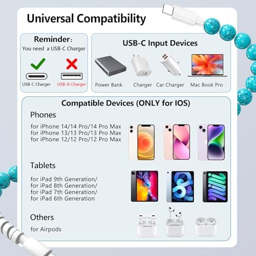 Elevate Your Charging Game with Hian Dier MFi Certified USB C to i Phone Charger – 3.3 FT Fast Charging Cable in Elegant Blue Morandi Pearl Beaded Design for i Phone 14, 13, 12, 11 Pro Max, X, XS, XR – Durable and Tangle-Free Accessory for Style and Performance