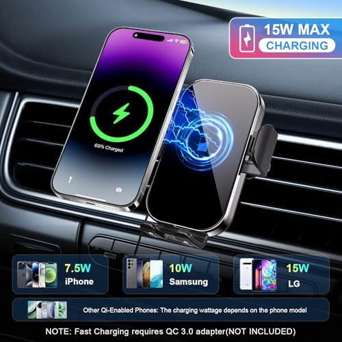 Rapid Charge 15 W Wireless Car Charger Mount – Auto-Clamping Smartphone Holder for i Phone 16/15/14/13/12 & Samsung S24/S23/S22/S21 – Qi-Certified with Adjustable Vent Compatibility – Effortless One-Hand Operation in Sleek Black Design – Ultimate Convenience for Modern Drivers
