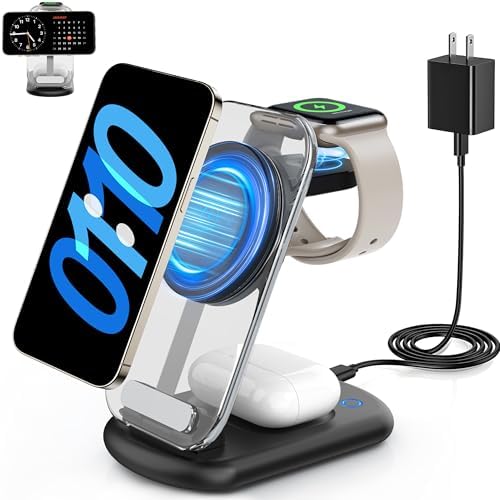 2025 Magnetic 3-in-1 Wireless Charging Station for i Phones, Apple Watches, and Air Pods – Fast Travel Charger with Integrated Light Indicator – Compact Design for Ultimate Portability – Perfect Gift for Tech-Savvy Couples – Compatible with i Phone 16, 15, 14, 13, 12 Pro Max Plus, Air Pods 4, 3, 2, Pro and Apple Watch Series – Enhance Your Charging Experience with Rapid Power-Up Technology