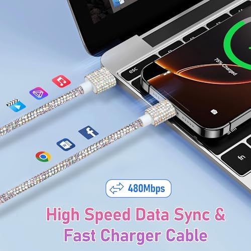 Bling Sparkling Black Diamond USB to USB C Cable – 4 FT 60 W Fast Charging Charger for i Phone 16, 15 Plus, Pro Max & Samsung Galaxy S25, S24, S23 – Stylish Braided Design for Enhanced Durability and Compatibility – Luxury Tech Accessory for High-Performance Power Delivery