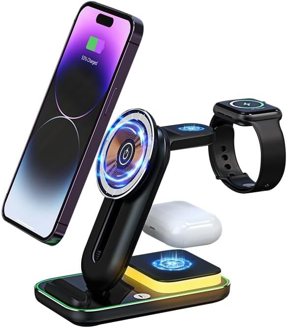 Effortless Charging Hub: Mag Safe-Compatible 3-in-1 Wireless Charger Stand for i Phone, Apple Watch & Air Pods – Adjustable Height & Built-in Night Light for Optimal Convenience – Sleek Black Design for Home & Travel Use