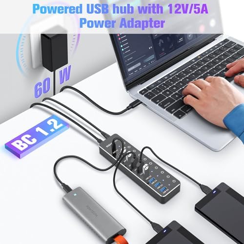 Elevate Your Workspace with RSHTECH 10-Port USB Hub – High-Speed 10 Gbps Data Transfer, 60 W Power Output for Rapid Charging, Individual Touch Controls for Seamless Device Management – Ideal USB-C and USB-A Solution for Laptops and PCs