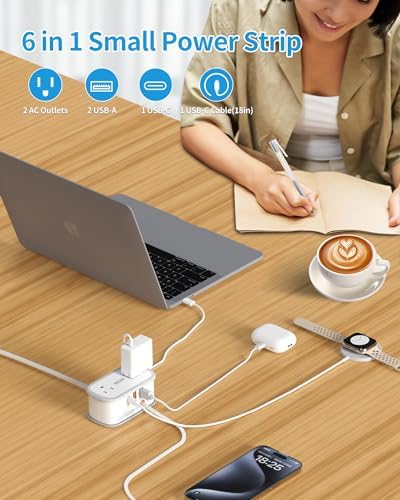 BEVA Portable Travel Power Strip with 5 ft Retractable USB C Cable – Compact Charger for Hotels and Cruises, Featuring 2 AC Outlets & 3 USB Ports for Enhanced Device Compatibility and Fast Charging
