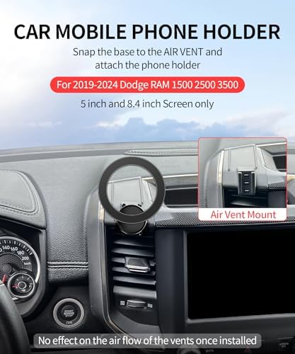 Dodge RAM 1500/2500/3500 Car Phone Holder: 360° Rotating Mag Safe-Compatible Mount for Seamless Navigation, Non-Damaging Install, Air Vent Safe Cell Phone Cradle for 2019-2024 Models