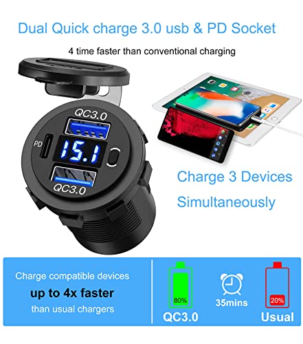 High-Performance 12 V Dual USB Car Charger with Quick Charge 3.0 and USB-C Port – Compact Voltmeter & Power Switch for Enhanced Safety in Cars, Boats, and Trucks – 2 Pack for Fast and Versatile Charging Solutions