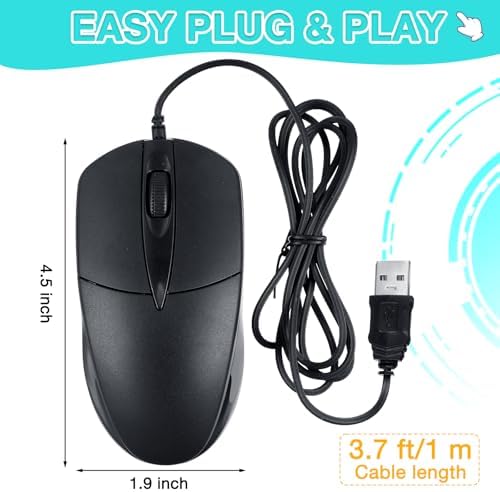 Bulk 50-Pack Black Wired USB Mice – Ergonomic Noiseless Design, 1000 DPI Precision for Home Office and Classroom Use, Seamless Compatibility with All USB Devices