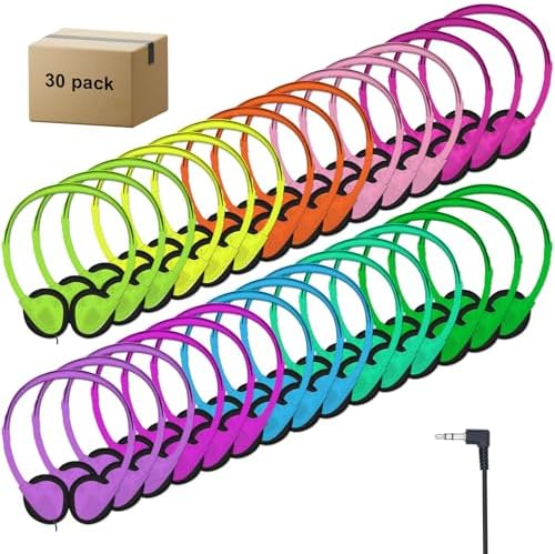 Classroom-Ready Adjustable Headphones for Kids – 20-Pack Bulk Set with 3.5 mm Jack in Fun Colors – Lightweight, Comfortable, and Durable Earphones for Enhanced Learning in Schools and Libraries