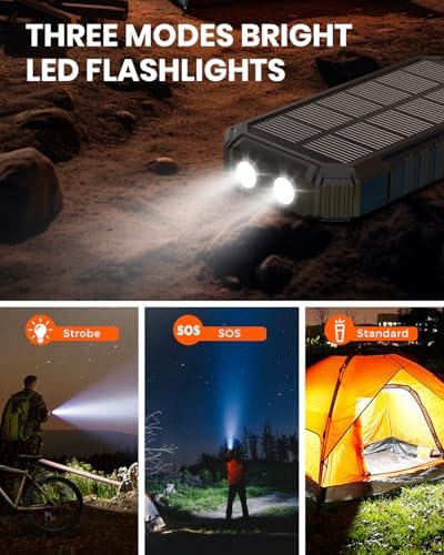 Hiluckey 27,000 m Ah Solar Power Bank with Built-in Cables – Ultra-Fast 15 W Outdoor Battery Pack for i Phone & Android – Charge 5 Devices at Once with Dual USB-A & USB-C Ports – Perfect for Camping, Travel, and Emergency Power Needs – Dual LED Flashlight for Enhanced Versatility and Safety