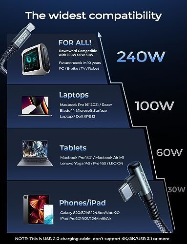 Optimize your charging setup with the AINOPE 240 W USB C to USB C Cable, a 6-foot powerhouse engineered for ultimate speed and flexibility. Featuring a right-angle connector, this fast charging cable is perfect for gaming or multitasking without the clutter of tangled cords. Compatible with the latest devices, including i Phone 16 Pro Max, i Phone 15, Mac Book Air/Pro, i Pad Pro, Samsung Galaxy, and Pixel, it delivers an impressive 240 W power output for rapid charging. The dual-pack offers exceptional value, ensuring you have a reliable charging solution wherever you go. Built with premium materials for durability, the sleek grey and blue design enhances your tech aesthetic while providing long-lasting performance. Elevate your device charging experience with this versatile cable, designed for both home and office use, while ensuring seamless connectivity across all your electronics.
