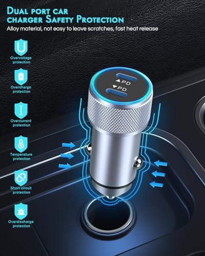 Fast Charge Dual USB-C Car Charger for i Phone 16/16 Pro Max/15 with Braided Nylon Cable – High-Speed PD3.0 Adapter for Convenient On-the-Go Charging – Durable, Compact Design for i Pad Compatibility – Tangle-Free Solution for Everyday Use – Essential Road Trip Companion