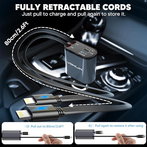 Ultimate 4-in-1 Retractable Car Charger – 66 W High-Speed USB Adapter with 2.6 ft Cables for i Phone 15/14 Pro – Fast Charging, Tangle-Free Design, Dual USB Ports for Multiple Device Compatibility – Ideal Travel Companion for On-the-Go Charging