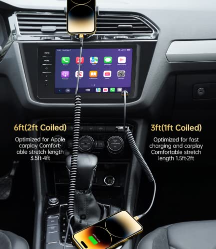 Premium Coiled Lightning Charger Cable for Car – 2-Pack with 3 FT & 5 FT Lengths, MFi Certified Retractable Cord for i Phone 14/13/12/11 Pro Max/XS MAX/XR/XS/8, i Pad & i Pod – Fast Charging & Enhanced Compatibility for Effortless Power on the Road