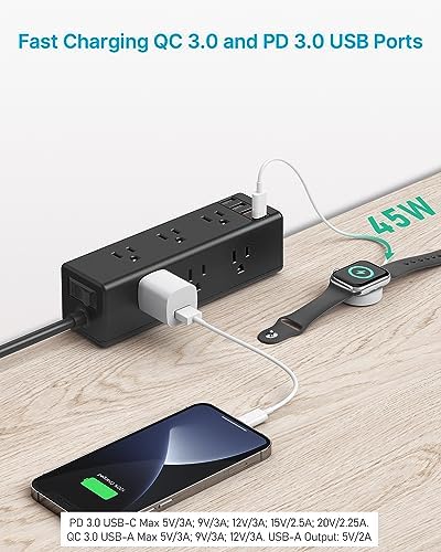 CCCEI Desk Clamp Power Strip: 9 Outlet Surge Protector with USB-A & USB-C Fast Charging | Compact Desktop Edge Mount Power Station | 6 FT Flat Plug for Easy Access | Ideal for Home Office & Gaming Setups | Enhanced Organization & Efficiency