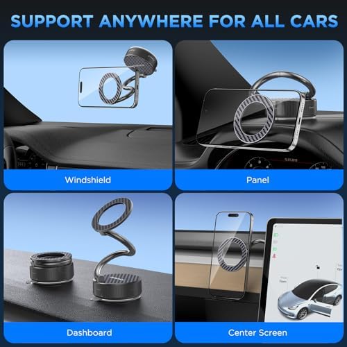 Mag Safe-Compatible Car Phone Holder with Strong Vacuum Magnetic Suction – Ultra-Long Adjustable Metal Arm & 360° Rotating Mount for All Smartphones – Sleek Carbon Fiber Design for Enhanced Stability, Convenience, and Safety on the Go