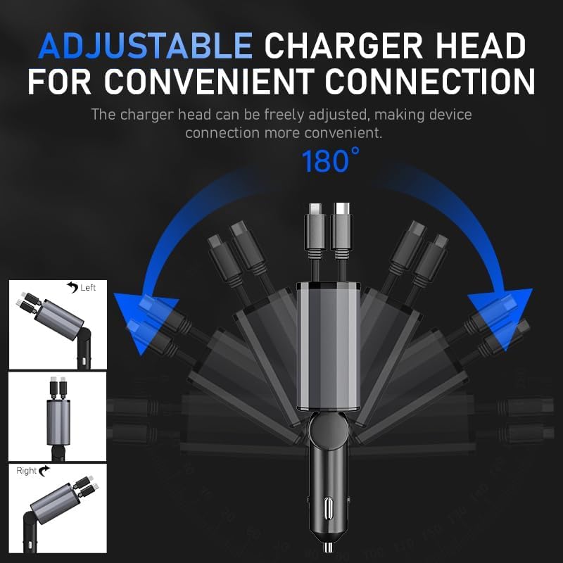 TICCI 60 W Retractable Car Charger: 4-in-1 Fast Charging Solution for i Phone 16-12, USB-C & Android Devices – Ultimate Convenience with Tangle-Free Design and Enhanced Compatibility for Road Trips and Daily Commutes