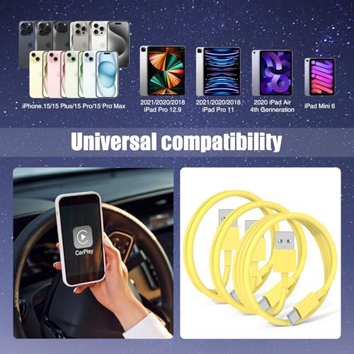 6 FT USB A to USB C Carplay Charging Cable – 3-Pack for i Phone 15/16, i Pad Pro/Air/Mini, Samsung Galaxy S25/S24/S23, and Mac Book – Fast Charging & High-Speed Data Transfer for Enhanced Compatibility on the Go