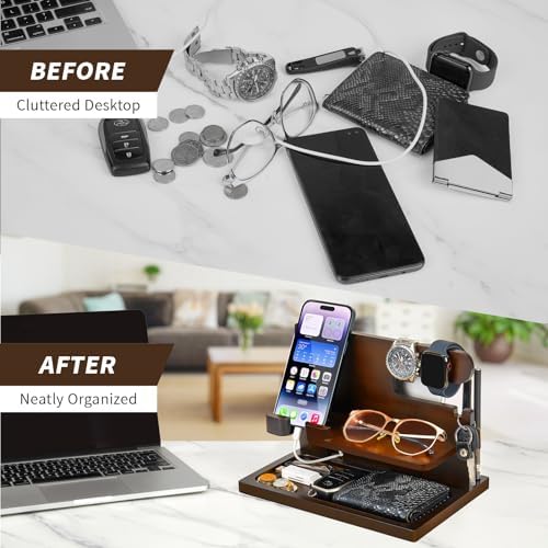 Gifts for Men Wood Phone Docking Station Gifts for him Husband Nightstand Organizer Cell Phone Stand Watch Holder Wallet Station Desk Organizers Gifts for Dad Birthday Gifts for Men (Brown) – Enhanced Compatibility and Speed