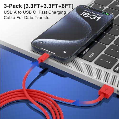 3-Pack Black [3.3FT+3.3FT+6FT] USB A to USB C Cable，USB to USB C Car Carplay Cable for iPhone 16 15 Pro Plus Pro Max，for iPad Pro/Air/Mini，for Samsung S24/S23/S22，for MacBook Pro/Air and More – Enhanced Compatibility and Speed